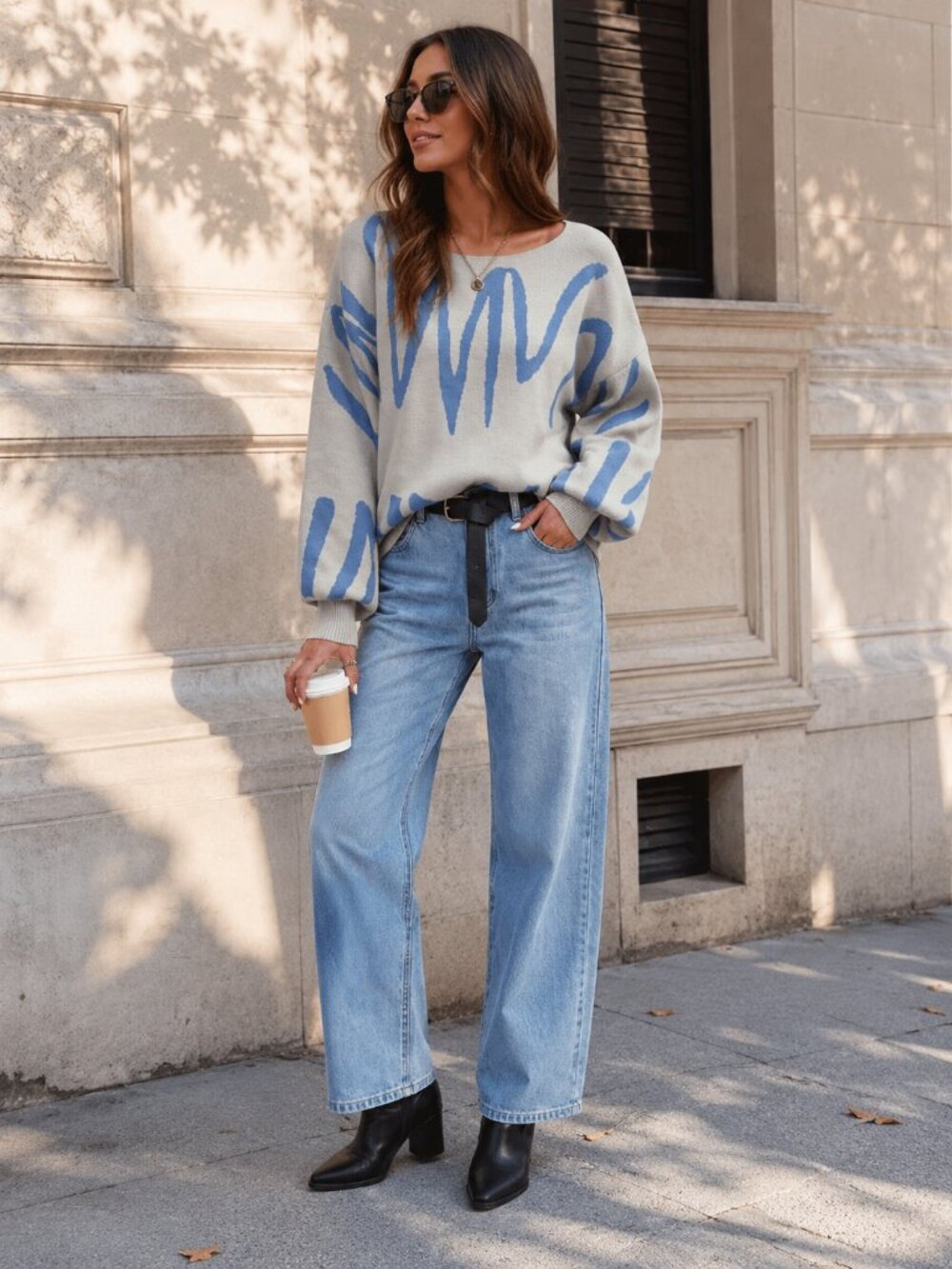 Miss Sparkling Cream Blue Abstract Batwing Sleeve Knit Sweater Artsy Fall Top